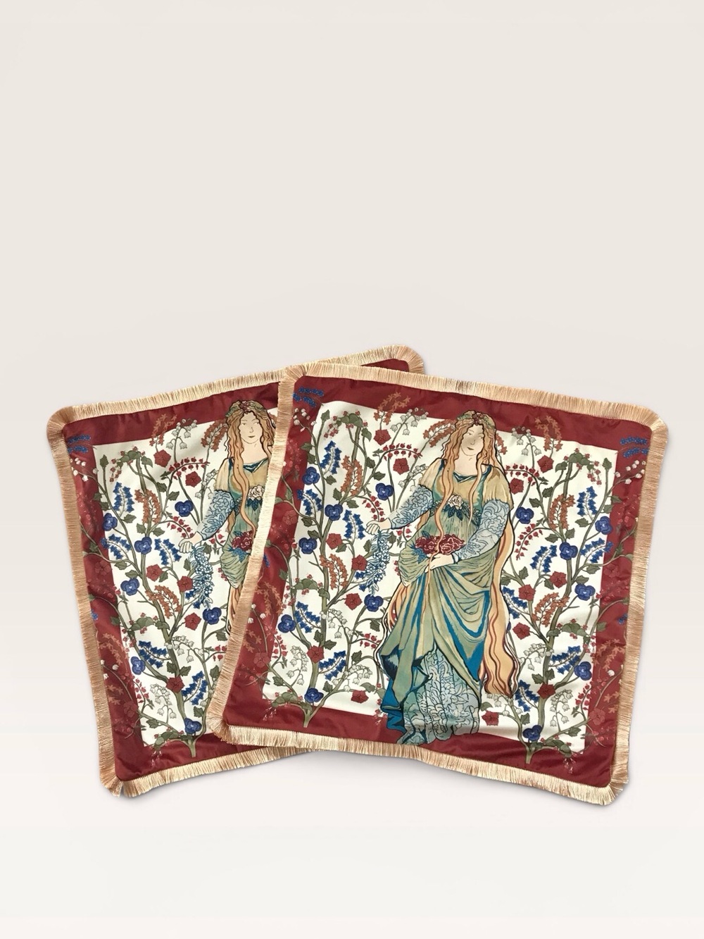 Two NWOT Red Velvet Pillow COVERS Blue Burgundy Gold Art Nouveau Fairy Style